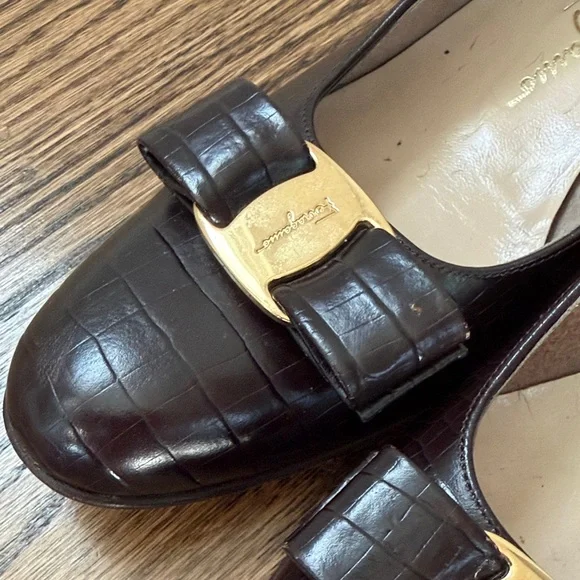 Salvatore Ferragamo Dark Brown Croc-Embossed Heels - Picture 11 of 15